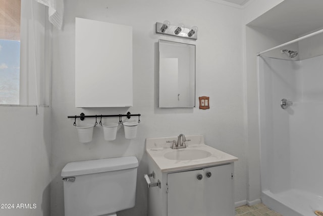 bathroom featuring a shower, vanity, and toilet