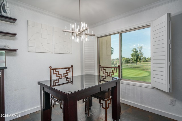 dining space with ornamental molding and an inviting chandelier