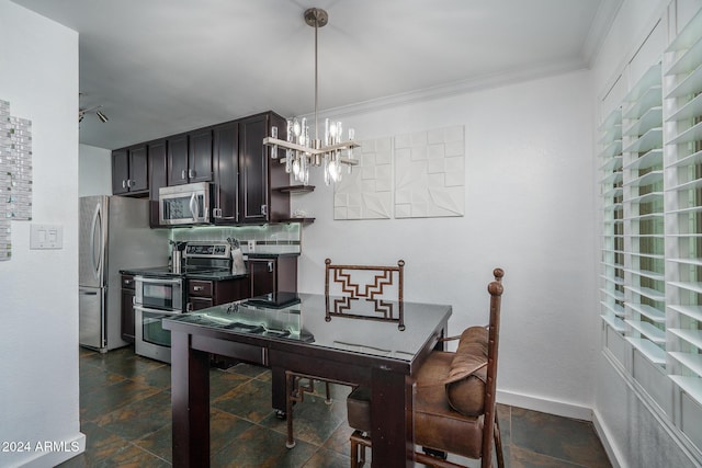 dining room with stone finish flooring, baseboards, an inviting chandelier, and ornamental molding