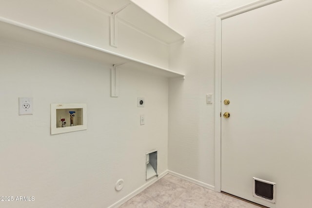 washroom with laundry area, hookup for a washing machine, hookup for a gas dryer, baseboards, and hookup for an electric dryer