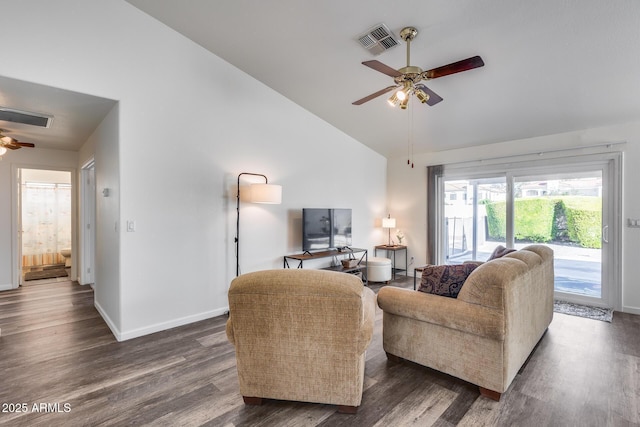 living room featuring ceiling fan, dark wood-style floors, visible vents, and baseboards