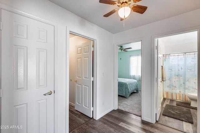 hall featuring dark wood-type flooring and baseboards