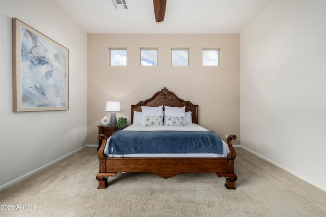 bedroom featuring ceiling fan and light colored carpet