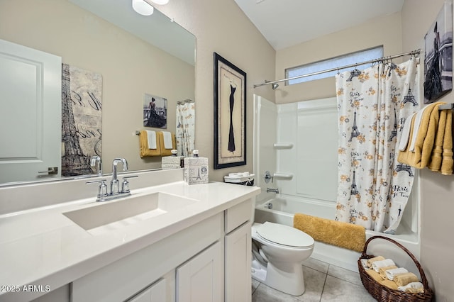 full bathroom featuring tile patterned flooring, vanity, toilet, and shower / bathtub combination with curtain