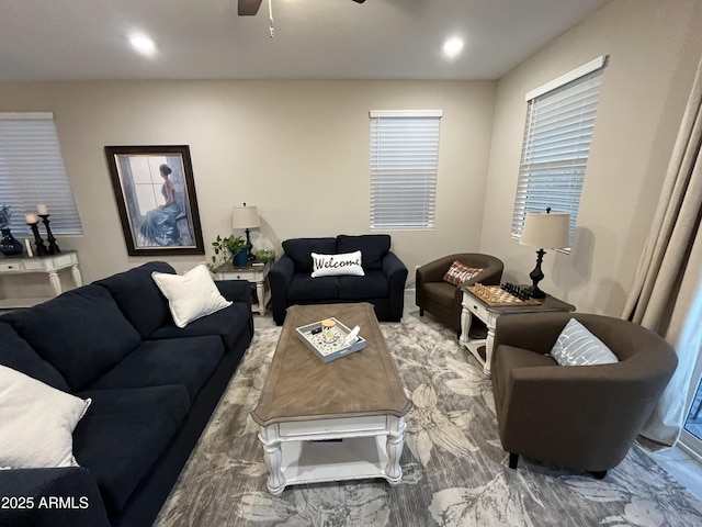 living room featuring ceiling fan