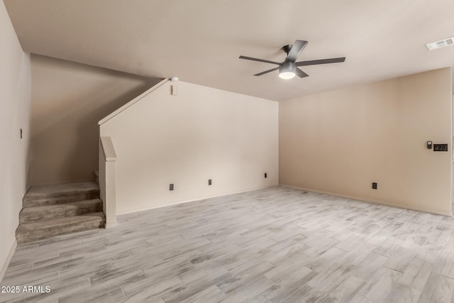 6902 W Devonshire Ave Unit 1280, Phoenix, AZ 85033 - unfurnished living room featuring stairway, ceiling fan, wood finished floors, and visible vents