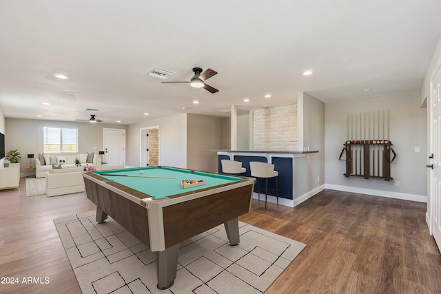 playroom featuring pool table, light wood-type flooring, and ceiling fan