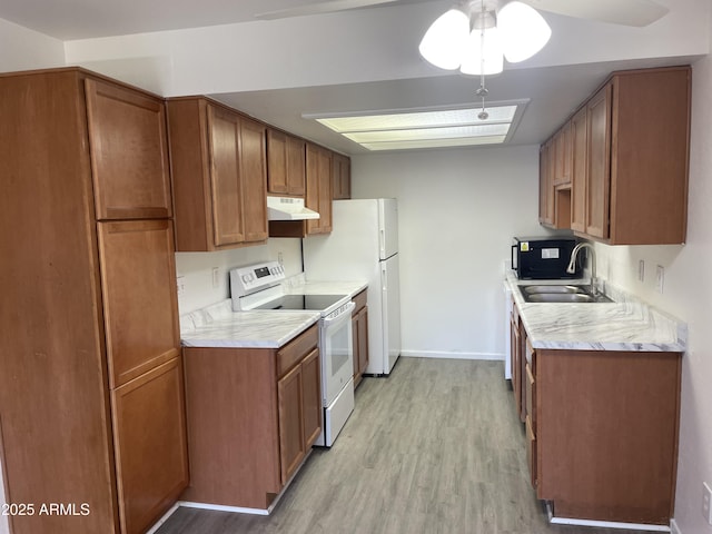 kitchen featuring electric stove, under cabinet range hood, a sink, light wood-style flooring, and light countertops