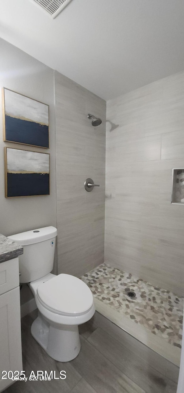 329 W Fairhaven Rd, Kearny, AZ 85137 - full bath featuring a tile shower, toilet, wood finished floors, and vanity