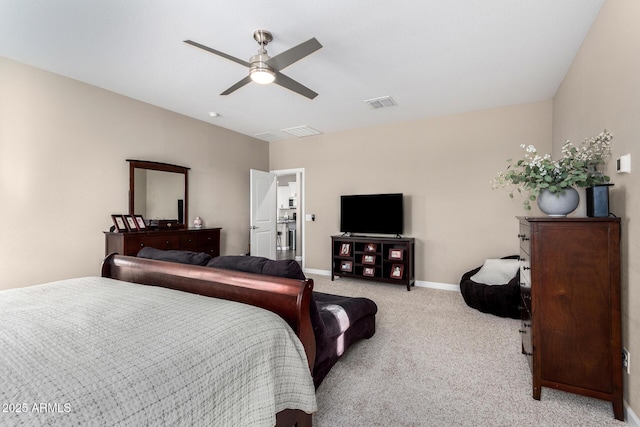 bedroom featuring a ceiling fan, carpet, visible vents, and baseboards