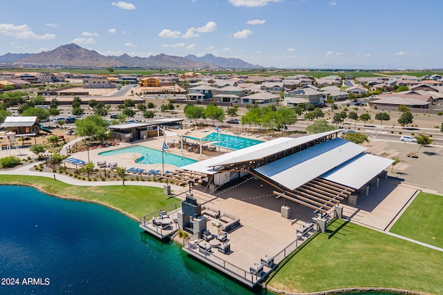 aerial view with a water and mountain view