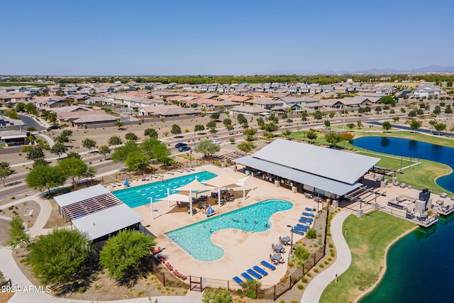 bird's eye view with a water view