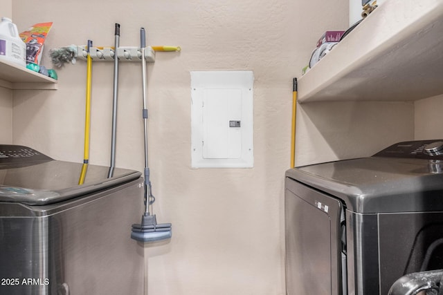 14575 W Mountain View Blvd Unit 12309, Surprise, AZ 85374 - laundry room featuring electric panel, washer and dryer, and a textured wall