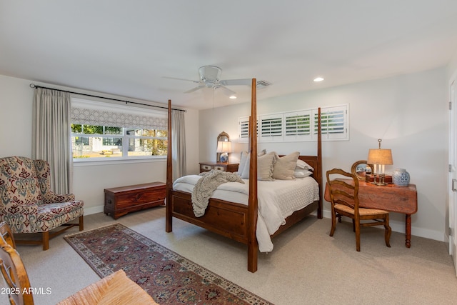 bedroom with recessed lighting, light colored carpet, visible vents, a ceiling fan, and baseboards