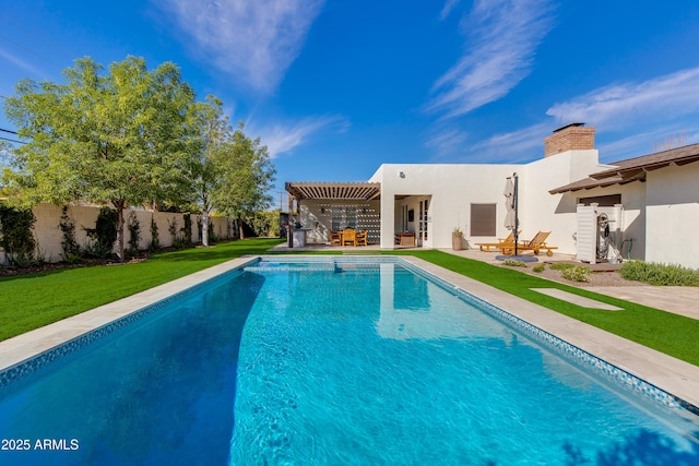 view of swimming pool featuring a fenced in pool, a lawn, a patio area, a pergola, and a fenced backyard