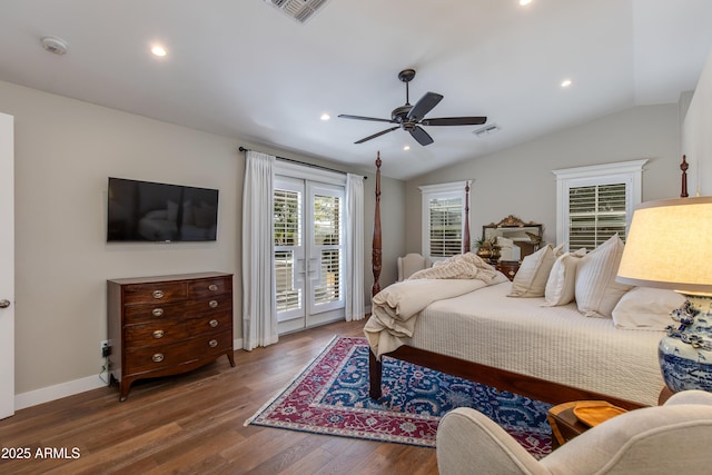 bedroom featuring lofted ceiling, access to exterior, visible vents, and wood finished floors