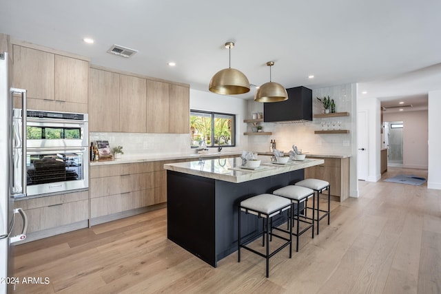 kitchen featuring visible vents, modern cabinets, stainless steel double oven, light brown cabinets, and open shelves