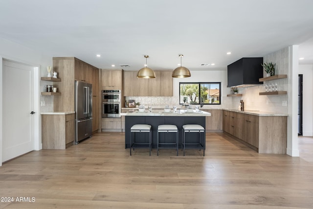 kitchen with appliances with stainless steel finishes, modern cabinets, a kitchen island, and open shelves