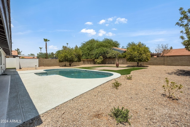 view of swimming pool featuring a fenced backyard, a fenced in pool, and a patio