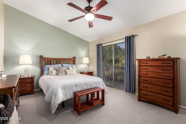 bedroom with ceiling fan, lofted ceiling, light carpet, and access to outside