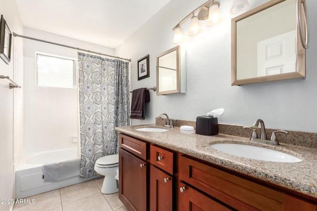 full bathroom with tile patterned flooring, vanity, shower / tub combo, and toilet