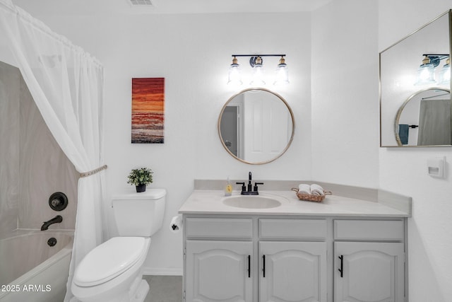 full bathroom with vanity, shower / bath combination with curtain, and toilet