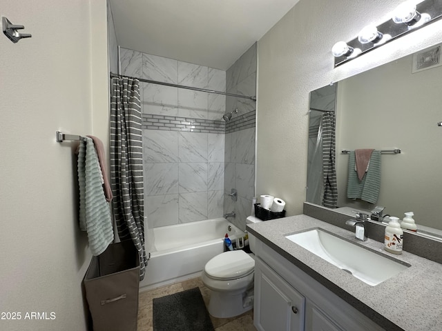 full bathroom featuring vanity, shower / bathtub combination with curtain, visible vents, toilet, and a textured wall