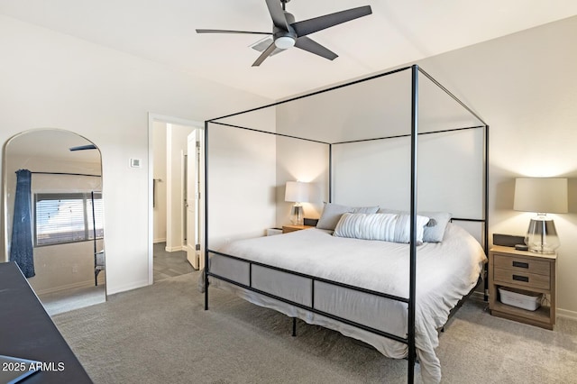 bedroom featuring carpet flooring, baseboards, and ceiling fan