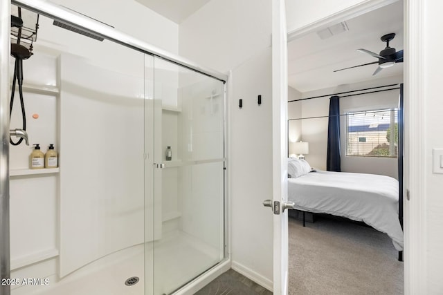 bathroom featuring visible vents, a ceiling fan, ensuite bath, and a shower stall