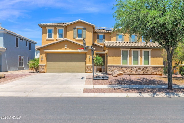 3436 E Gary Way, Gilbert, AZ 85234 - view of front facade featuring stucco siding, a tiled roof, stone siding, and solar panels