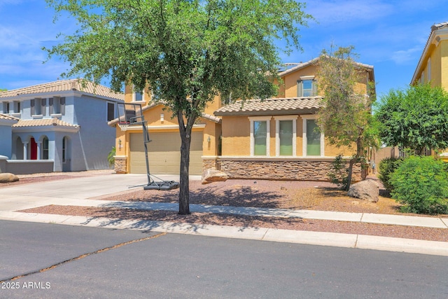 3436 E Gary Way, Gilbert, AZ 85234 - view of front of home featuring an attached garage, stone siding, concrete driveway, stucco siding, and a tiled roof