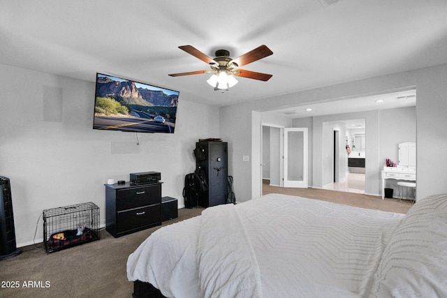 3436 E Gary Way, Gilbert, AZ 85234 - carpeted bedroom with connected bathroom, baseboards, a ceiling fan, and recessed lighting