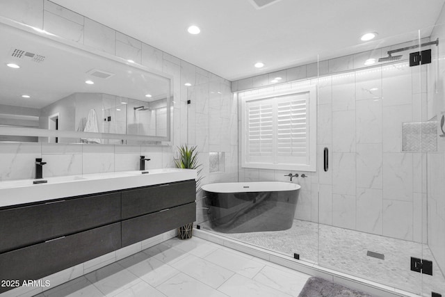 3436 E Gary Way, Gilbert, AZ 85234 - full bathroom with a shower stall, marble finish floor, visible vents, and double vanity