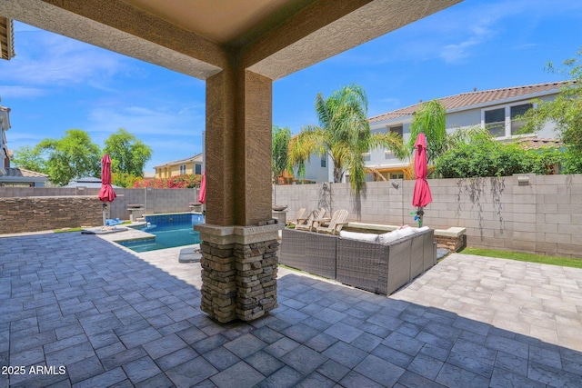 3436 E Gary Way, Gilbert, AZ 85234 - view of patio / terrace with a fenced backyard, an outdoor hangout area, and a fenced in pool
