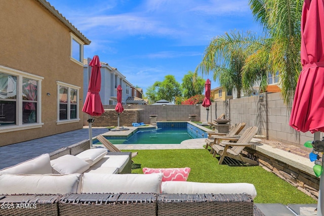 3436 E Gary Way, Gilbert, AZ 85234 - view of pool with a fenced backyard, a patio area, a fenced in pool, and an outdoor living space