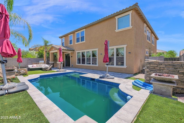 3436 E Gary Way, Gilbert, AZ 85234 - rear view of house with an outdoor living space, a fenced in pool, a patio, stucco siding, and a fenced backyard