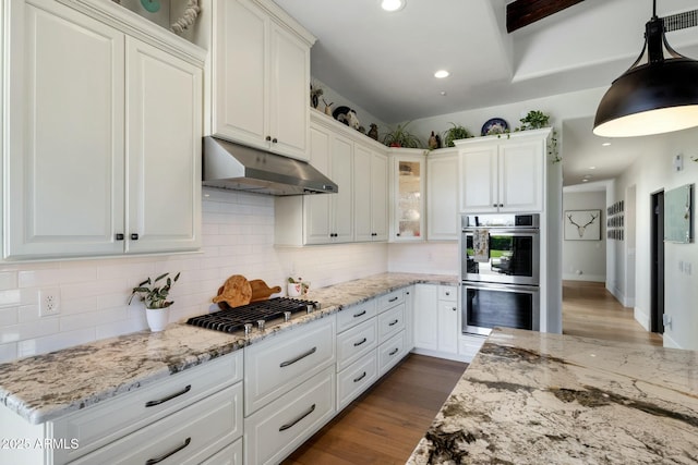 kitchen featuring dark wood-style flooring, glass insert cabinets, backsplash, under cabinet range hood, and stainless steel appliances