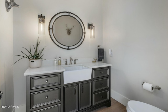 half bath featuring vanity, baseboards, toilet, and wood finished floors