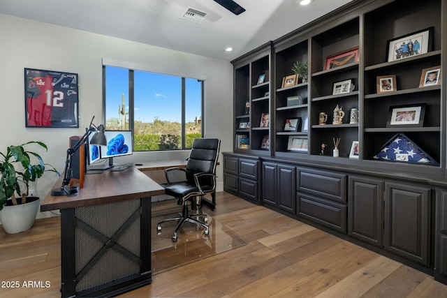 office area featuring light wood-style floors, visible vents, and recessed lighting