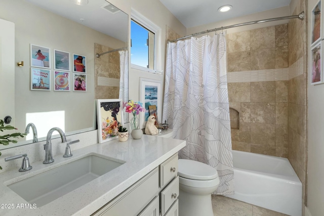 full bath with vanity, tile patterned flooring, visible vents, toilet, and shower / bath combo