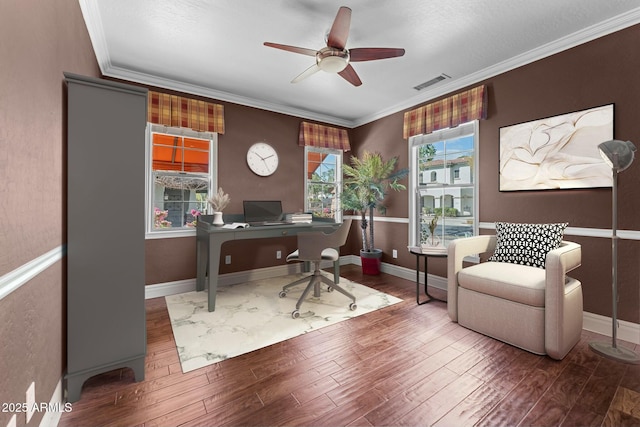 office area featuring hardwood / wood-style flooring, ceiling fan, and crown molding