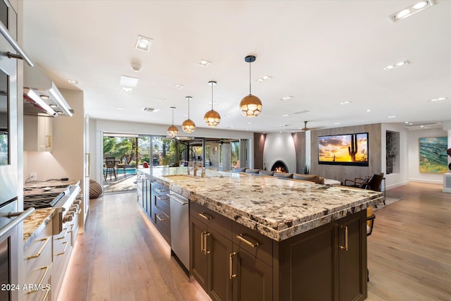 kitchen featuring dark brown cabinets, sink, pendant lighting, a center island with sink, and light hardwood / wood-style floors