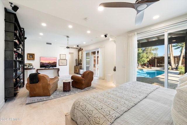 bedroom featuring ceiling fan, access to outside, and light hardwood / wood-style flooring