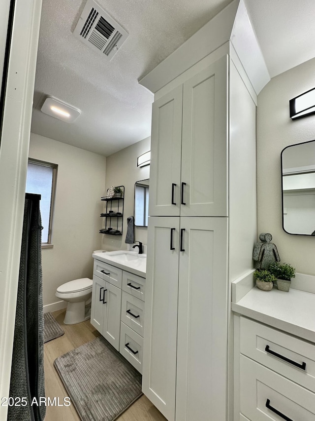 bathroom with hardwood / wood-style flooring, a textured ceiling, toilet, and vanity