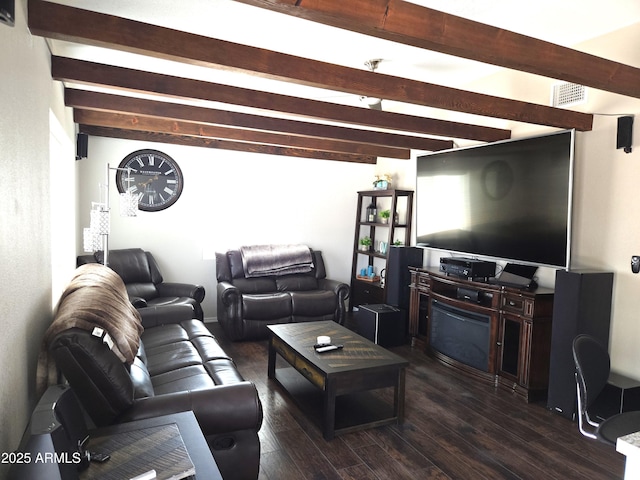 144 N Cactus Rd, Apache Junction, AZ 85119 - living room featuring beam ceiling and dark wood-style floors