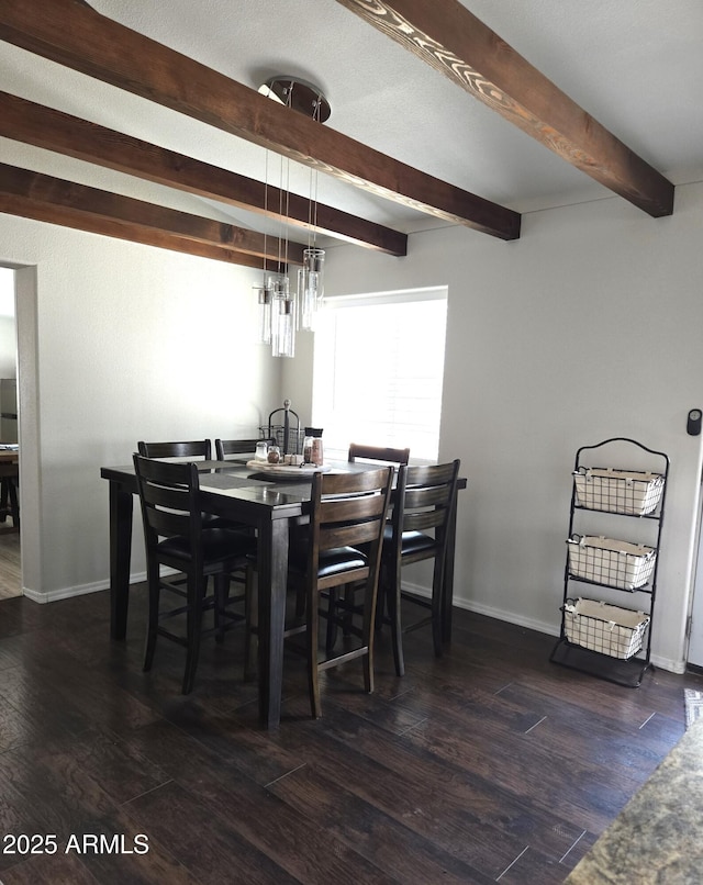 144 N Cactus Rd, Apache Junction, AZ 85119 - dining room with beam ceiling, dark wood-type flooring, baseboards, and a chandelier