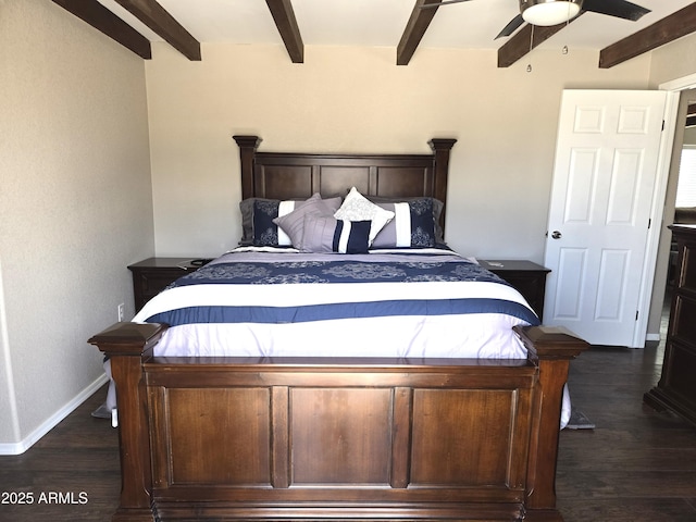 144 N Cactus Rd, Apache Junction, AZ 85119 - bedroom featuring beam ceiling, dark wood-style flooring, baseboards, and a ceiling fan