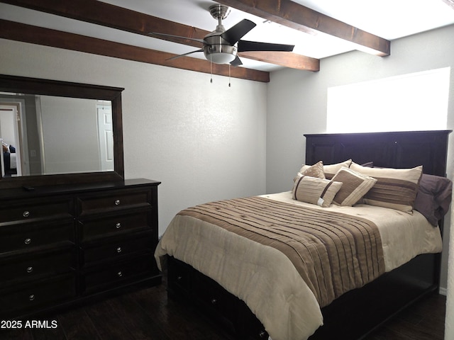 144 N Cactus Rd, Apache Junction, AZ 85119 - bedroom with dark wood-type flooring, beamed ceiling, and a ceiling fan