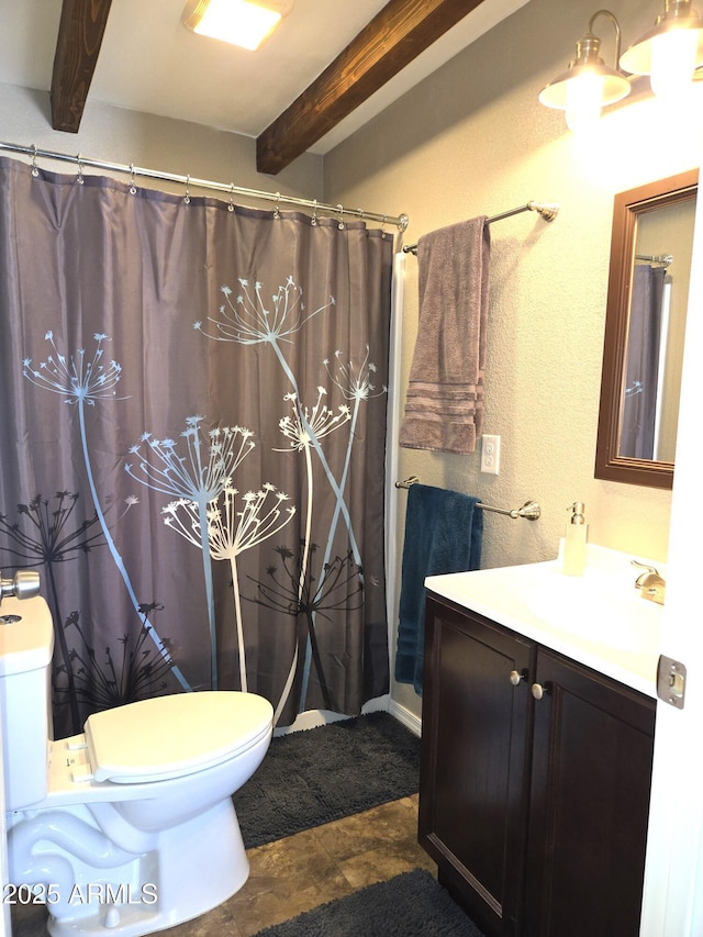 144 N Cactus Rd, Apache Junction, AZ 85119 - full bathroom with beam ceiling, toilet, vanity, and a shower with curtain
