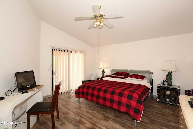 bedroom with a ceiling fan, vaulted ceiling, and wood finished floors